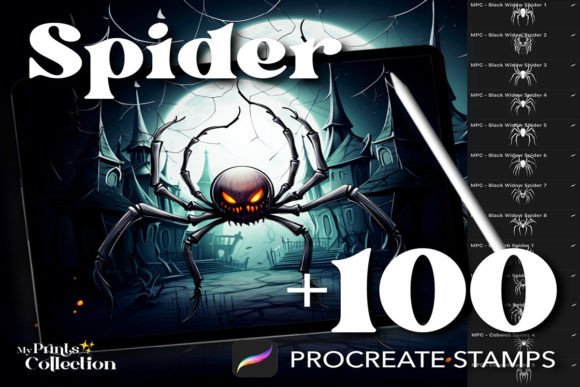 100 Spider Tattoo Stamps Procreate